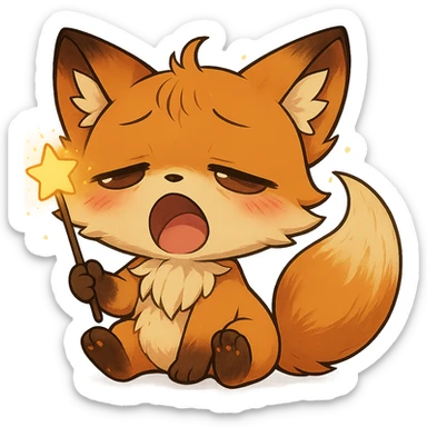 Add a magical glowing wand to the chibi sleepy fox. Keep the background transparent. sticker