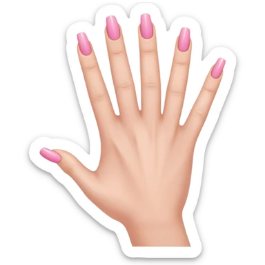 pink  close-up of a human hand with exactly five fingers, beautifully manicured nails, glossy pink nail polish, elegant nail shape, soft lighting, realistic style, isolated on transparent background" sticker