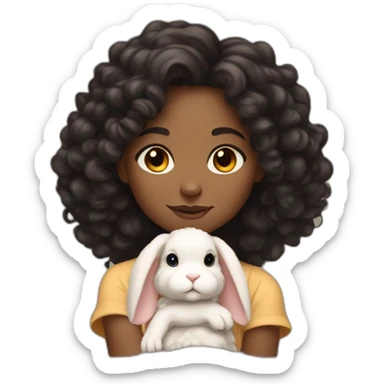black woman dark long curly hair holding chubby floppy eared tan rabbit cute sticker