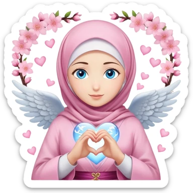 Turkish beautiful finish Konya girl blue eyes with light sakura and pink hijab islamic dress and making angel heart with hands and with thank you text sticker
