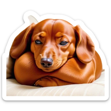 Cinematic Meme-Worthy Chubby Sleeping Red Dachshund Portrait Emoji, Head resting peacefully with a contented smile, showcasing a delightfully chubby, elongated build and a luxuriously soft red coat, eyes shut in a serene nap, Simplified yet hilariously adorable features, highly detailed, glowing with a soft, drowsy light, high shine, relaxed and utterly lovable, stylized with an air of playful laziness, bright and heartwarming, soft glowing outline, capturing the essence of a comically sleepy companion, so meme-worthy it feels like it could instantly become the next viral sensation of adorable slumber! sticker