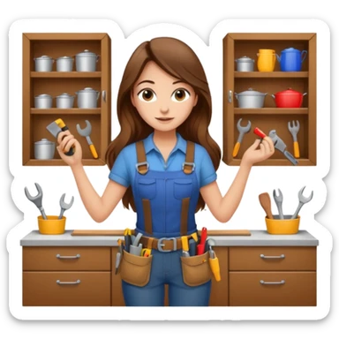 beautiful girl with long brown hair constructing new kitchen cabinets sticker