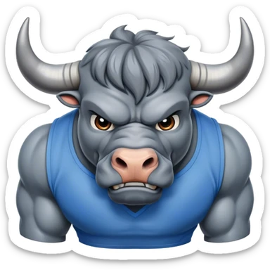 Toro que se vea agresivo a representar a una empresa que funde metales que lleve puesto una camiseta  azul y ploma sticker