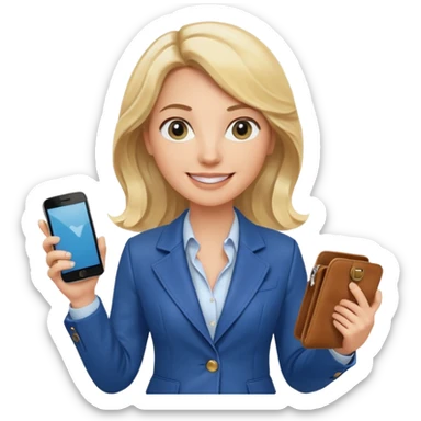 Confident and outgoing female entrepreneur, Caucasian features, medium-length wavy blonde hair, big friendly smile, expressive eyes, wearing a fitted blue blazer over a light blouse, holding a smartphone in one hand and a leather handbag in the other, waist-up, front-facing sticker