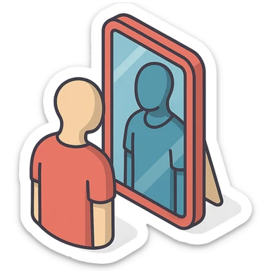 A mirror where the reflected body differs in color or shape, emphasizing inner emotional experiences. Style: 2D Isometric with clear shadows and highlights, transparent background. sticker