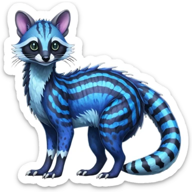 Feral Rare Fantasy iridescent scaly evil spooky vibrant dark shady shaded detailed deep-dark-cobalt-blue-gradients-colored colorful Vernid-Sergal-Genet-Trico-Civet-species by LiLaiRa, with dark-blackish points, white belly, random markings, tufted tail, tufted ears, full body sticker