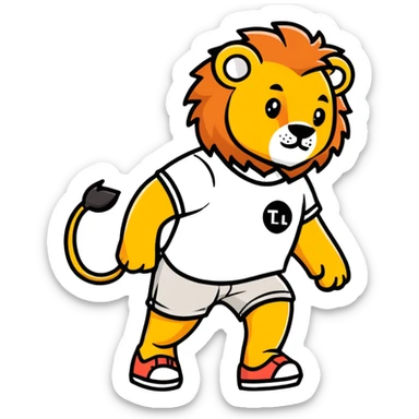 retro 1930s anthropomorphised lion in a t-shirt and shorts walking, black and white sticker
