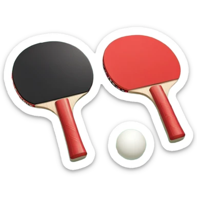 Two table tennis paddles and a ball placed on a ping pong table, with the net in the background. The scene conveys the simplicity and focus of the sport, with vibrant colors highlighting the rackets and ball on the smooth surface of the table. sticker