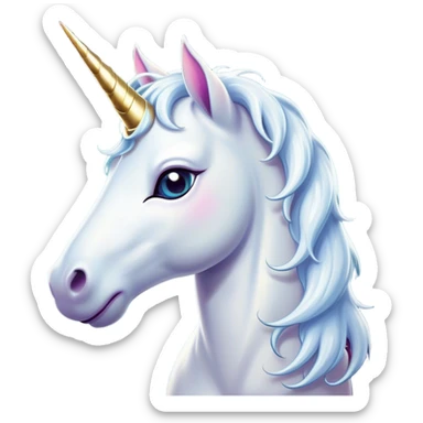 Cinematic Comical White Unicorn Portrait Emoji, Head tilted dramatically with an exaggeratedly amused expression, featuring a slender, radiant form with a playfully sparkling horn and wide, comically expressive eyes full of enchanting disbelief, Simplified yet hilariously expressive features, highly detailed, glowing with a slightly sassy magical glow, high shine, dramatic yet playful, stylized with an air of cheeky mythic mischief, soft glowing outline, capturing the essence of a meme-worthy white unicorn that looks ready to prance its way into viral fame! sticker