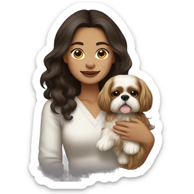 Young dark brunette medium kin hair woman with a golden shih tzu in her arms long wavy hair sticker