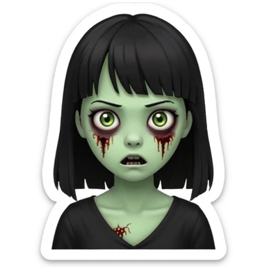 faça uma garota na forma de zumbi com a pele verde, assustada e com os olhos escurod, com o cabelo preto com franja e longo e a roupa decotada preta sticker