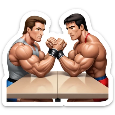 Arnold Schwarzenegger VS Sylvester Stallone from 'Over the Top,' locked in an arm wrestling battle, using only their right hands. Their left hands rest on the table. Both display immense strength, with muscular arms flexing, under bright competition lights. Transparent background. sticker