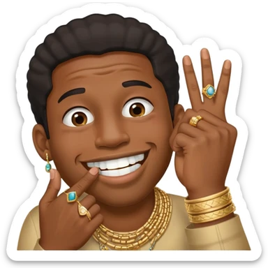 Giggling black man with jewelry covering his mouth with his right hand with one thumb and four fingers only sticker