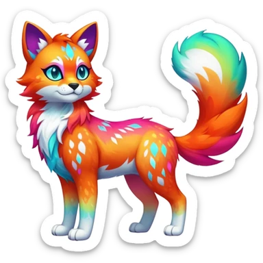 Vibrant multicolored neon-colored Falvie-Fionbri-creature-sparkle-feline-canine-hybrid-fursona, full body, fur pattern-markings sticker