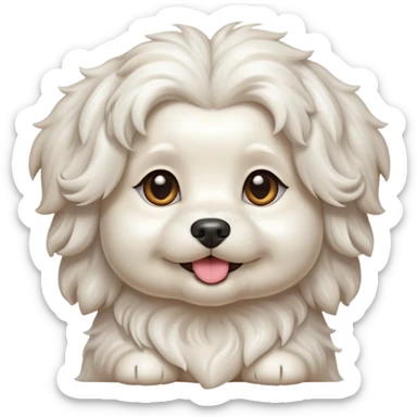 Cinematic Cute Wavy-Haired Maltese Dog Portrait Emoji, Head tilted playfully and inquisitively, featuring a luxurious, wavy-haired white coat with a healthy sheen, round, sparkling dark eyes filled with curiosity, Simplified yet irresistibly adorable features, highly detailed, glowing with a warm, friendly glow, high shine, affectionate and lively, stylized with a touch of whimsy, bright and endearing, soft glowing outline, capturing the essence of a mischievous yet loving companion, so playful it feels like it could scamper out of the screen and into your arms! sticker