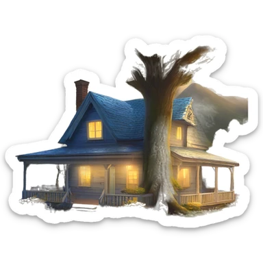  very very big Cabin near a big tree.  Thick moss growing on the roofs. grass fields. porch lights turned off. bright white interior lights turned off. guests sitting in chairs on the porch, flowers and bushes are yellow and blue. sticker