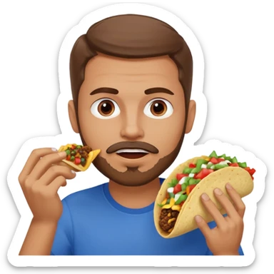 White man with brown hair, blue eyes and a gray goatee eating a taco sticker