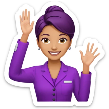 Woman cosmetologist in purple salon uniform with hand raised, smiling sticker