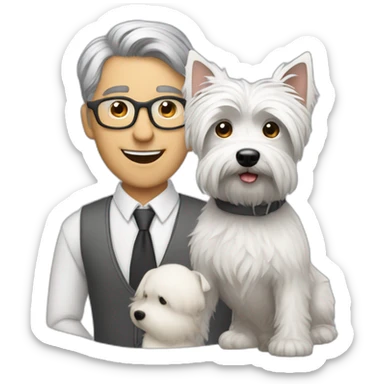 Gray hair man with glasses anda with westie dog girl sticker