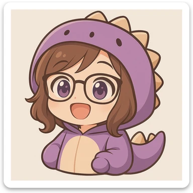 Brighten up the face of the chibi anime style girl with glasses, brown hair, dark purple eyes, wearing a purple dinosaur costume. She should look happy with eyes open, no controller, and no background. Keep the same chibi stickers style as the reference image. sticker