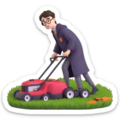 Harry Potter mowing the lawn on the Hogwarts Express train sticker