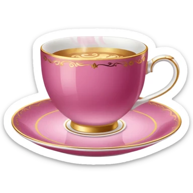 dark pink teacup, placed on a matching pink saucer, with gentle steam rising from the cup, golden details sticker