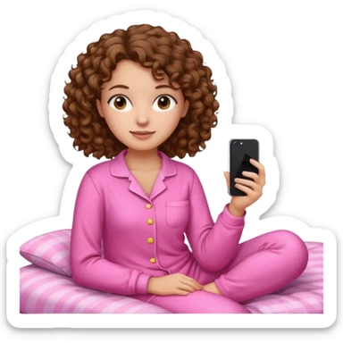 young woman with curly brown hair wearing pink pajamas, iPhone emoji style sticker