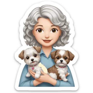 silver, short, wavy-haired with loose curls, smiling pretty lady holding a westie terrier dog and a shih tzu dog sticker