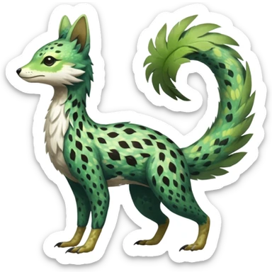 Feathery speckled flecked Japanese oriental asian painted Greenish beautiful handsome gorgeous aesthetic colorful vibrant Vernid-Trico-species-Fakemon-creature by LiLaiRa, 4 legs, 1 tail, random markings, (full body) sticker