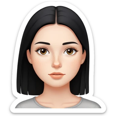 young woman with sleek black straight hair, natural makeup, and freckles across cheeks sticker