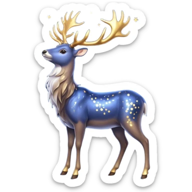 Celestial Stag emoji – full body, majestic stag with shimmering silver body and deep midnight-blue fur, tall glowing golden antlers shaped like constellations, small star accents, slight side angle sticker