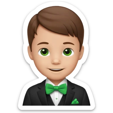 baby boy, brown hair in suit, with green bow, smile sticker