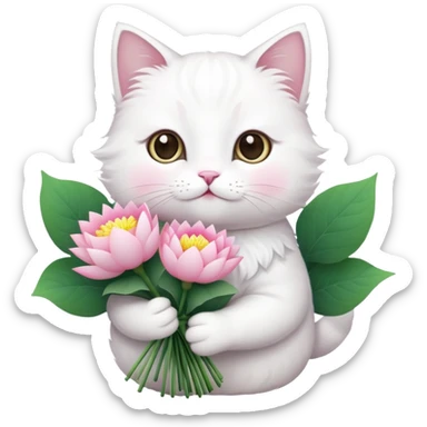 White cat holding a bouquet of lotus flowers sticker