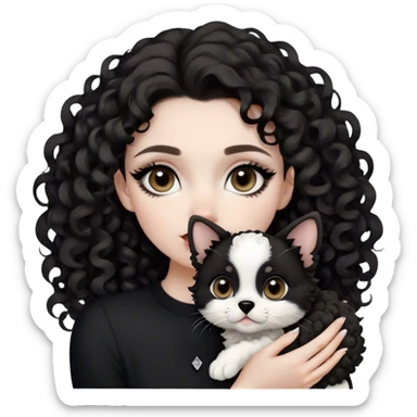 Girl holding a black and white small jackapoo puppy. Girl is pretty, has dark brown eyes. Full soft lips. sharp cat eye line. Dark brown big curls. Long hair. Pale. Dog had black ears, black circles around eyes, dog has white mouth and head sticker