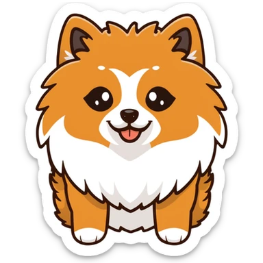 fluffy black and tan Pomeranian dog face, large round eyes, button nose, tan muzzle, tan eyebrow spots, thick ruff of fur, upright tousled ears, friendly and cute sticker