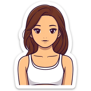 beautiful girl, long straight brown hair, brown eyes with lashes, wearing a white crop top, tan skin sticker