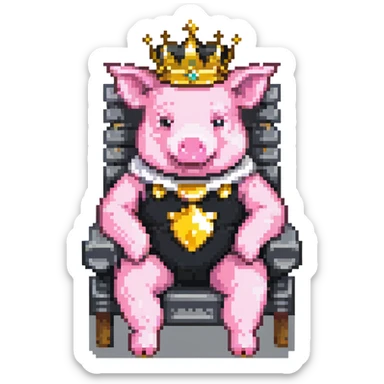pixel art pig with a golden crown sitting on a throne, blocky and square like Minecraft, inspired by Technoblade sticker