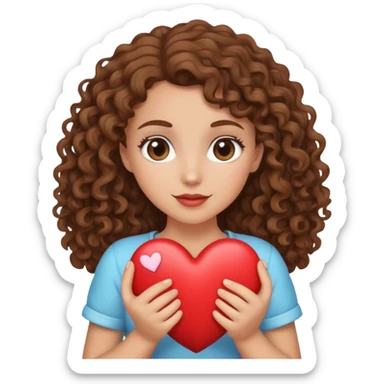Tan white girl with brown curly hair holding a heart sticker