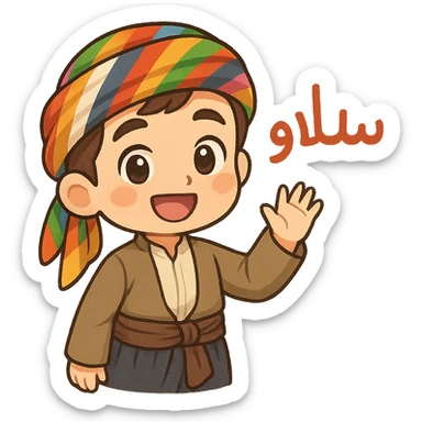 cartoon Kurdish sticker with traditional Kurdish clothes, colorful and cheerful, with Kurdish text 'سڵاو', suitable for WhatsApp and Instagram, transparent background sticker