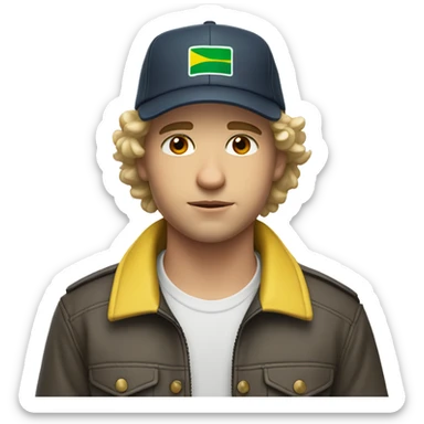 young white guy with small wavy hair with brazilian race jacket and hat serious sticker