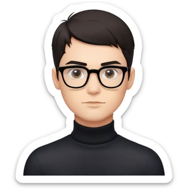 Create a high-quality Apple-style emoji avatar with a clean and polished 3D look. The character should have smooth shading, soft facial features, and a professional finish. Design a stylish male avatar with short, neatly styled dark hair, well-defined eyebrows, and a confident yet friendly expression. The avatar should wear modern, minimalist glasses and a sleek black turtleneck for an elegant and sophisticated look. Ensure the lighting is balanced, with subtle highlights and shadows for depth. The background should be a simple neutral gradient to keep the focus on the character. sticker