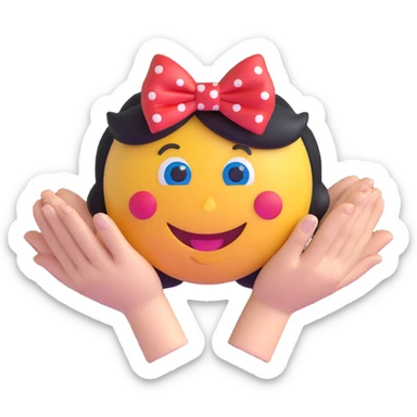 3D smiley emoji, large eyelashes, red polka dot bow, forming a heart with both hands, smiling, blue eyes, cute style sticker