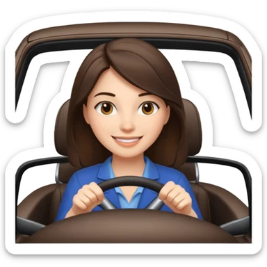 Brunette woman driving car like crazy. New car. Happy face confidence  sticker