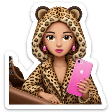 a queen Arina in a leopard fur and pink iPhone on her mercedes sticker