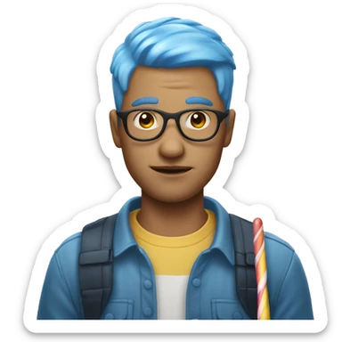 Man with short blue hair and a popsicle sticker