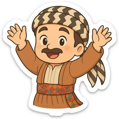 Create a chibi Kurdish cartoon sticker based on the reference image, showing a congratulatory (celebrating/wishing well) expression. sticker