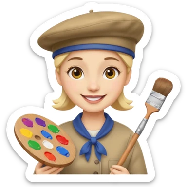 professional painter emoji, holding a paintbrush and palette, wearing a beret, cheerful expression sticker