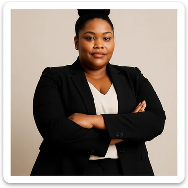 confident plus size Black woman with a high bun, arms crossed, professional look, simple background sticker