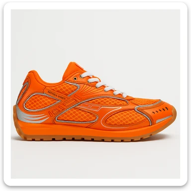 Recreate the Bottega Veneta Orbit sneaker in bright orange, exact design, shown at a sideways angle like the reference image, realistic style with a clean background. sticker