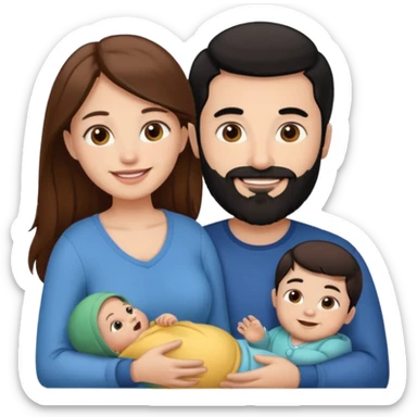 Una mujer con pelo castaño y ojos marrones y un hombre con pelo negro y barba y un bebe sticker